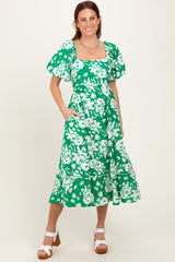 Green Floral Scallop Trim Puff Sleeve Midi Dress