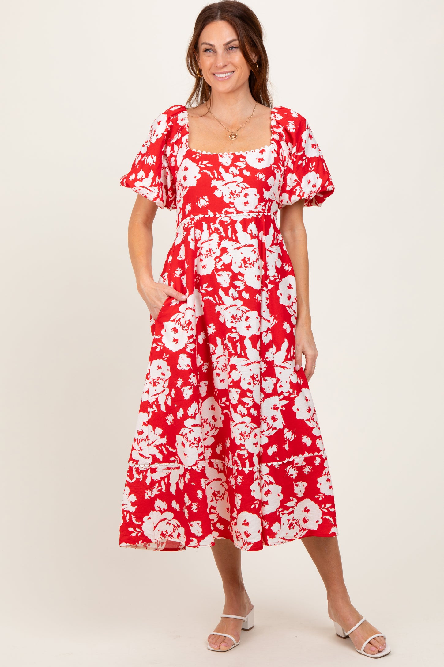 Red Floral Scallop Trim Puff Sleeve Maternity Midi Dress