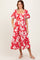 Red Floral Scallop Trim Puff Sleeve Midi Dress