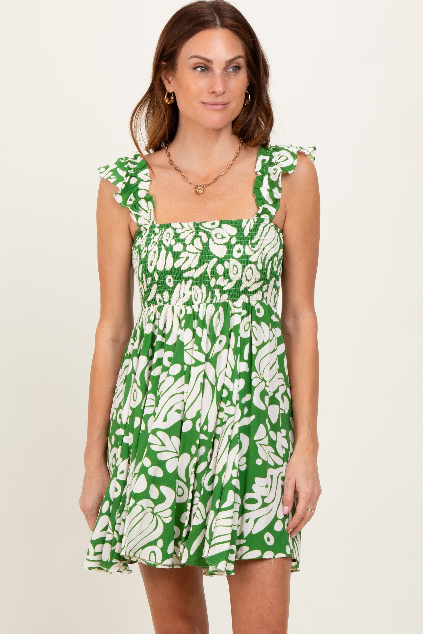 Green Printed Smocked Ruffle Strap Dress
