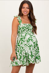 Green Printed Smocked Ruffle Strap Maternity Dress