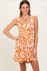 Orange Printed Smocked Ruffle Strap Maternity Dress