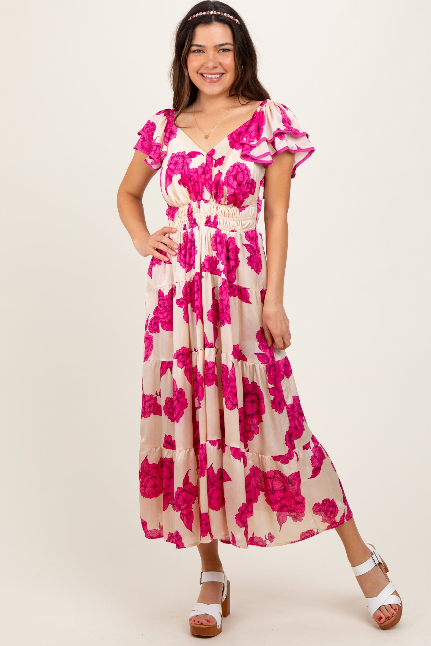 Cream Floral Smocked Waist Tiered Maternity Midi Dress