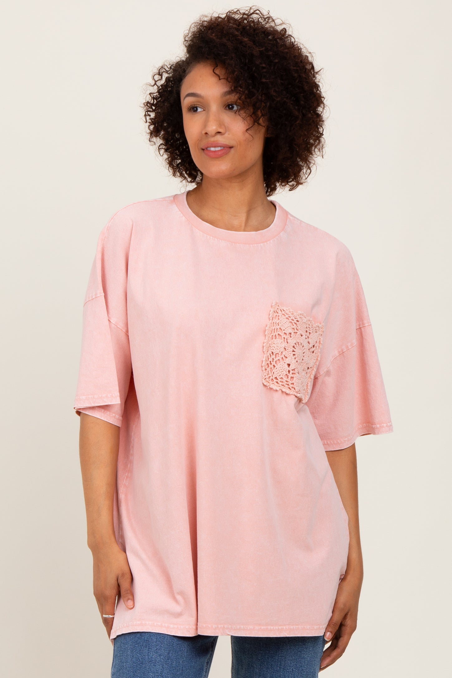 Light Pink Mineral Wash Crochet Pocket Maternity Top