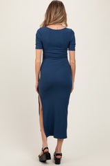 Navy Ribbed Short Sleeve Side Slit Maternity Midi Dress