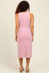 Pink Ribbed Knit Embroidered Maternity Midi Dress