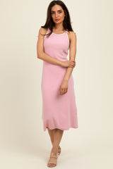 Pink Ribbed Knit Embroidered Midi Dress