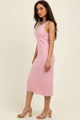 Pink Ribbed Knit Embroidered Midi Dress