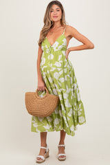 Lime Floral Front Tie Tiered Maternity Midi Dress