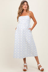 Blue Striped Floral Applique Maternity Midi Dress