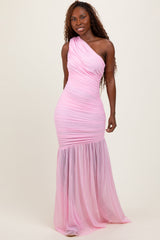 Light Pink Ruched Mesh One Shoulder Maxi Dress