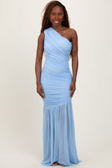 Light Blue Ruched Mesh One Shoulder Maternity Maxi Dress