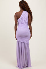 Lavender Ruched Mesh One Shoulder Maxi Dress