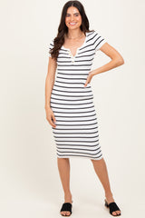 White Striped Ribbed Henley Fitted Midi Dress