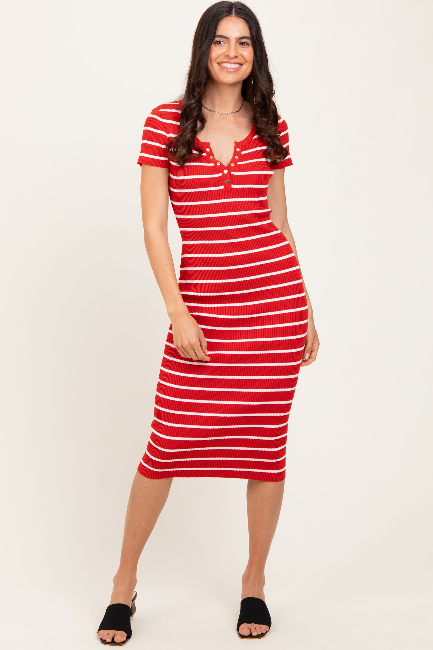 Red Striped Ribbed Henley Fitted Midi Dress
