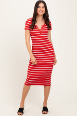 Red Striped Ribbed Henley Fitted Midi Dress