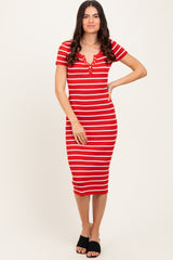 Red Striped Ribbed Henley Fitted Midi Dress