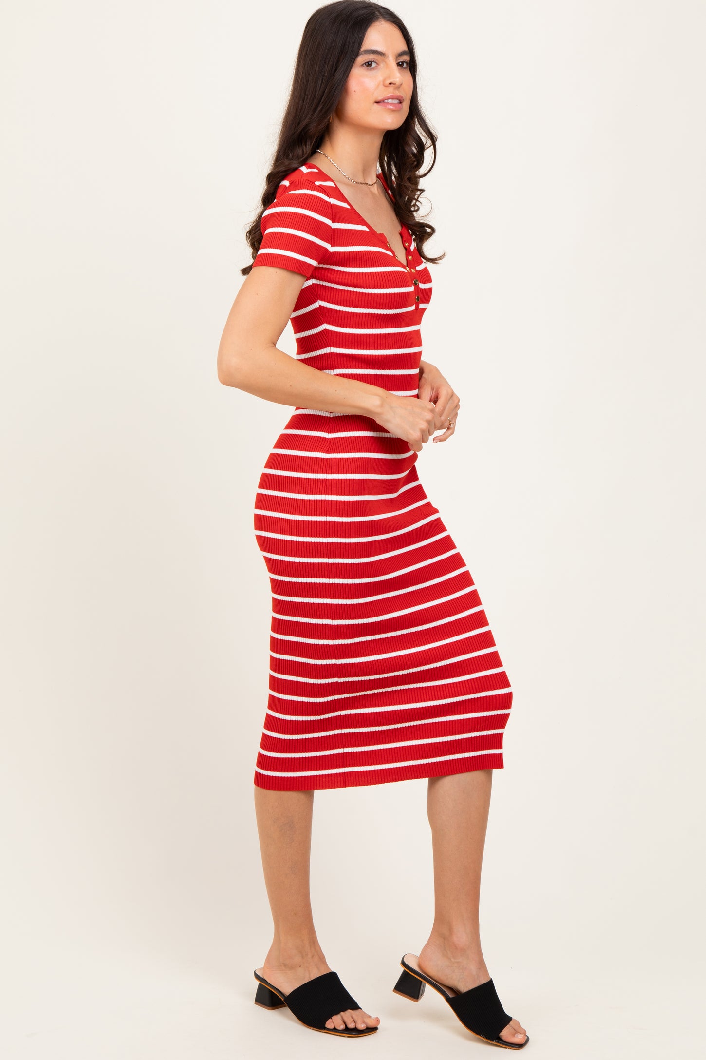 Red Striped Ribbed Henley Fitted Midi Dress