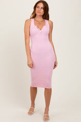 Light Pink Striped Sleeveless Fitted Midi Dress