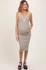Cream Striped Sleeveless Fitted Maternity Midi Dress
