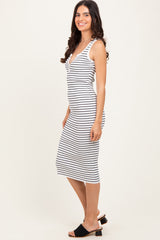 White Striped Sleeveless Fitted Midi Dress