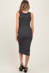Black Striped Sleeveless Fitted Maternity Midi Dress