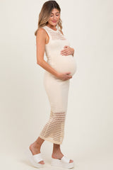 Cream Crochet Knit Sleeveless Maternity Maxi Dress