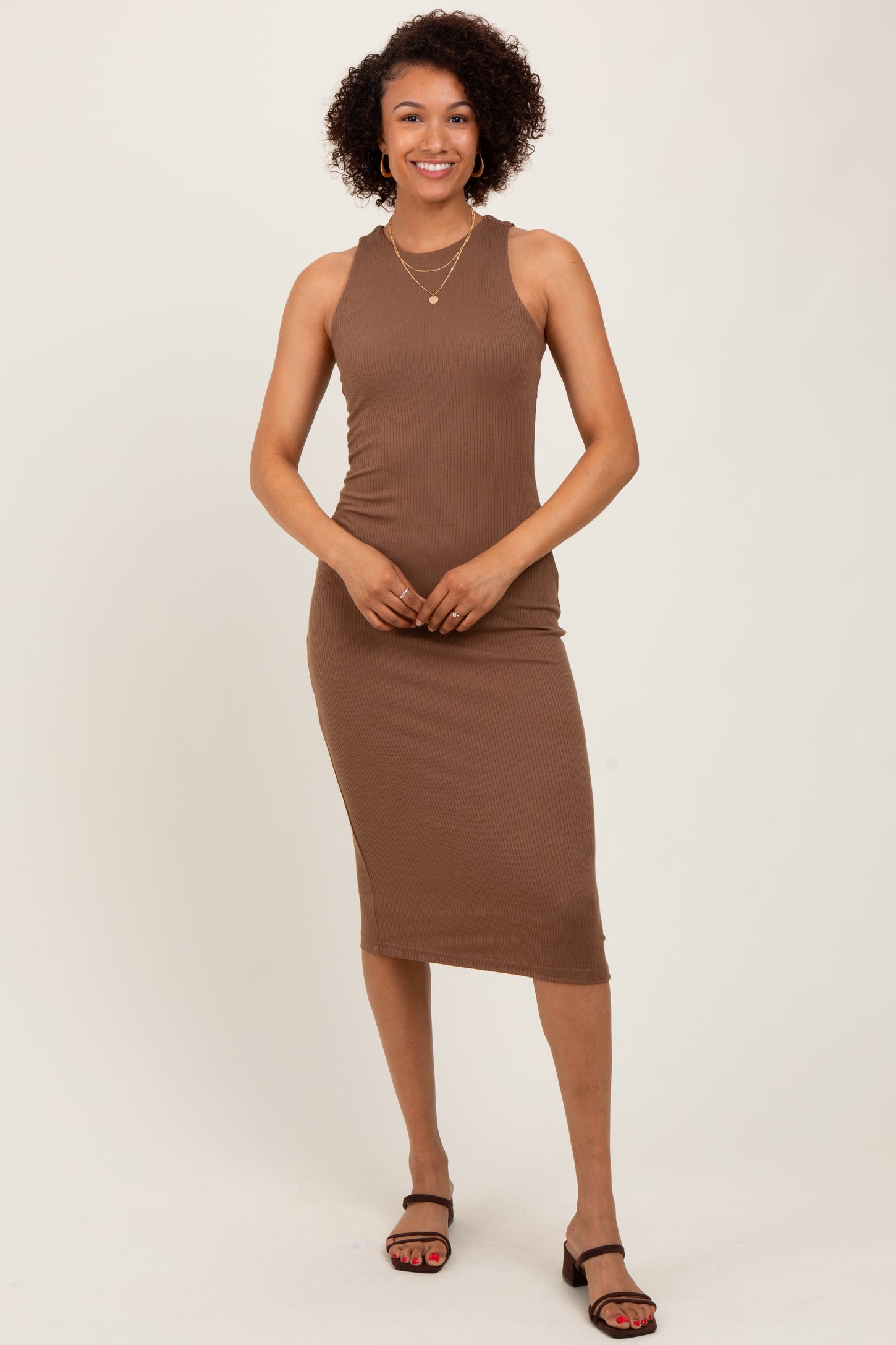 Brown Sleeveless Ribbed Knit Midi Dress