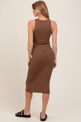 Brown Sleeveless Ribbed Knit Maternity Midi Dress