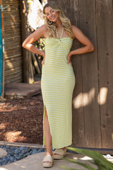 Lime Striped Halter Neck Fitted Maternity Maxi Dress
