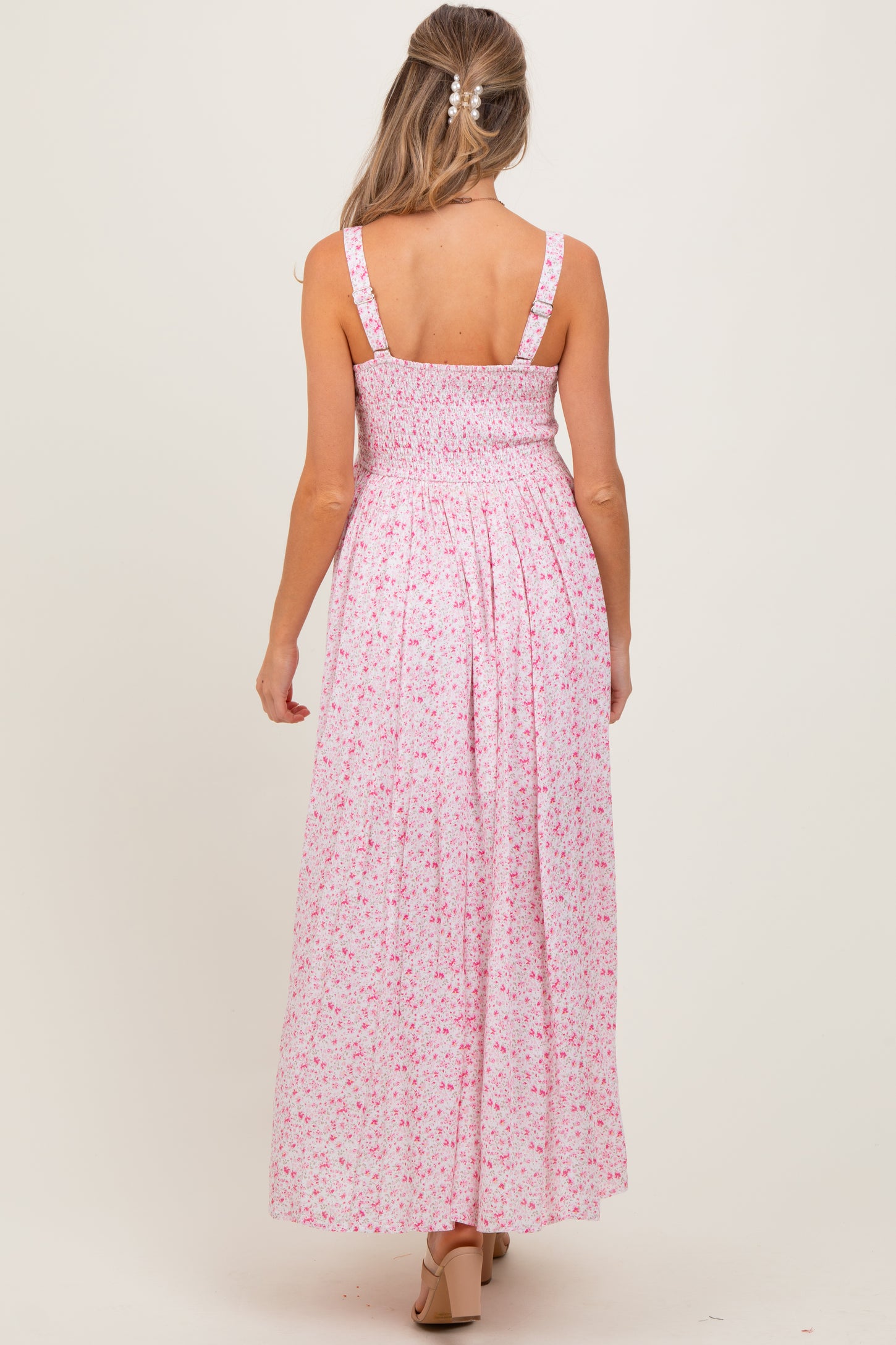 Pink Floral Button Down Sleeveless Maternity Maxi Dress