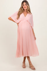 Light Pink Pleated V Neck Maternity Maxi Dress