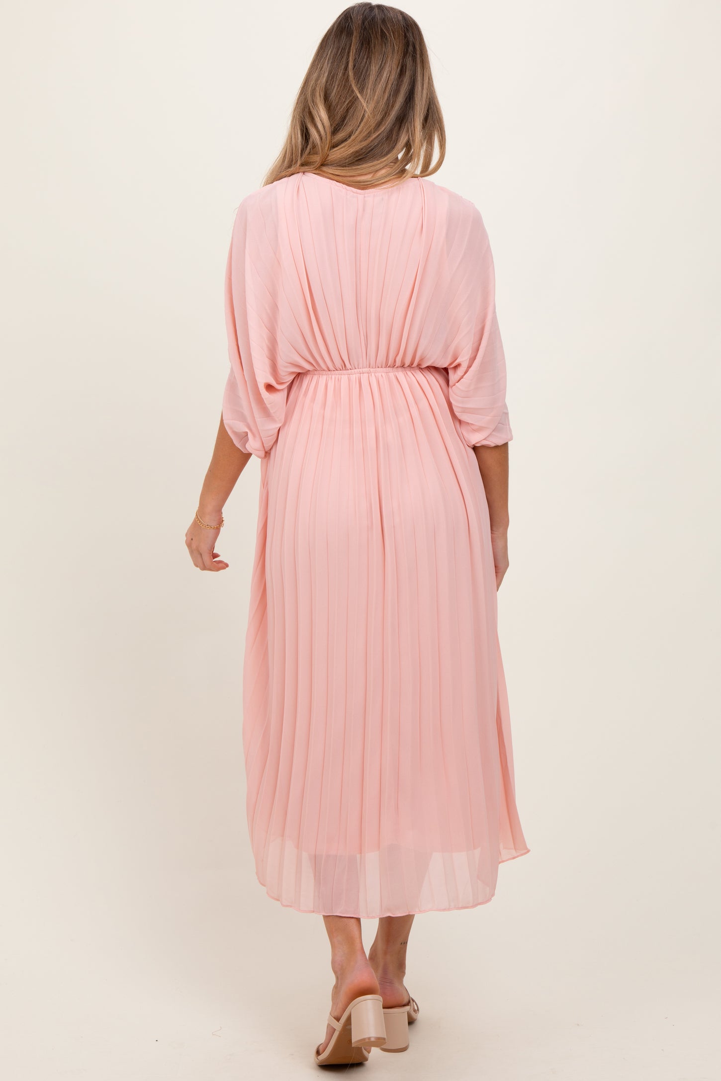 Light Pink Pleated V Neck Maternity Maxi Dress