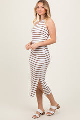 White Striped One Shoulder Side Slit Midi Dress