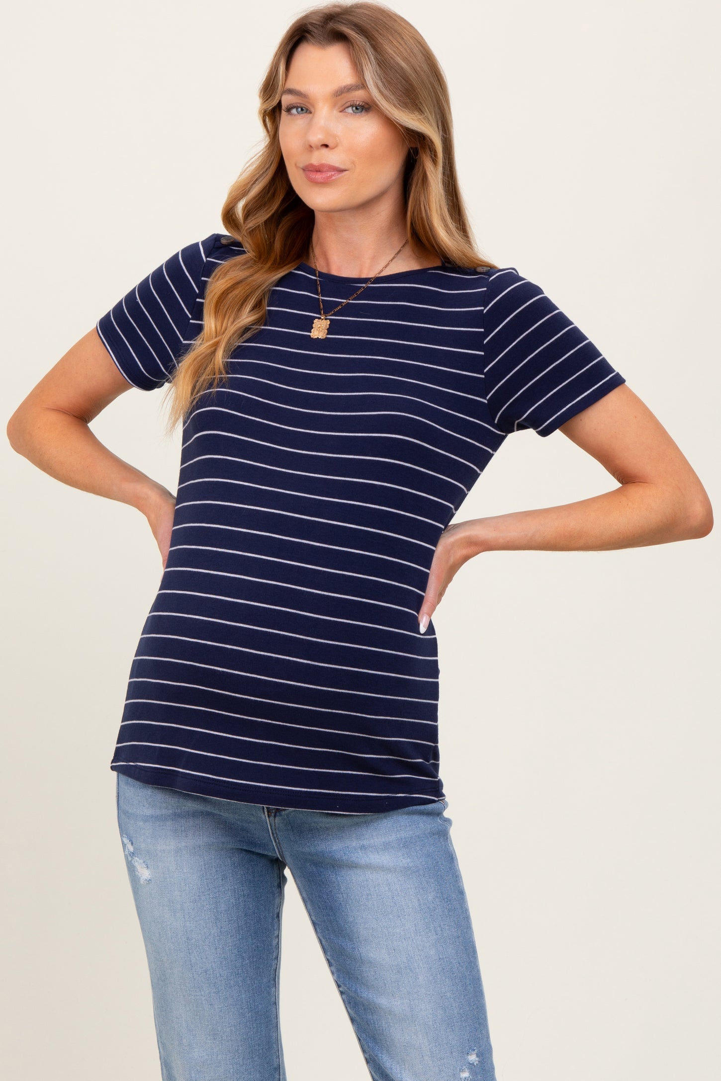 Navy Striped Button Shoulder Detail Maternity Top