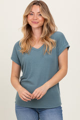 Blue V-Neck Pointelle Knit Top