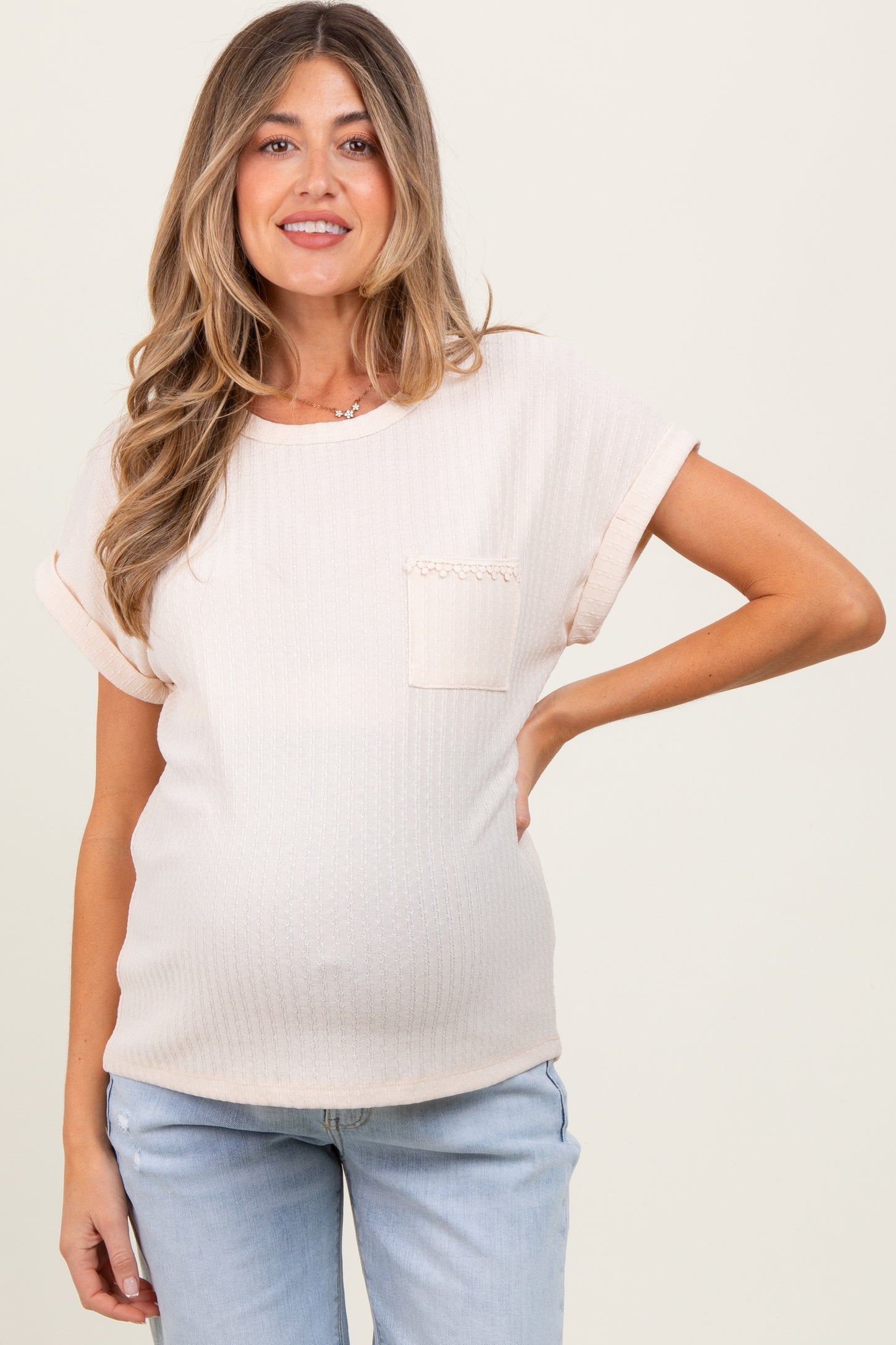 Ivory Pointelle Knit Front Pocket Maternity Top