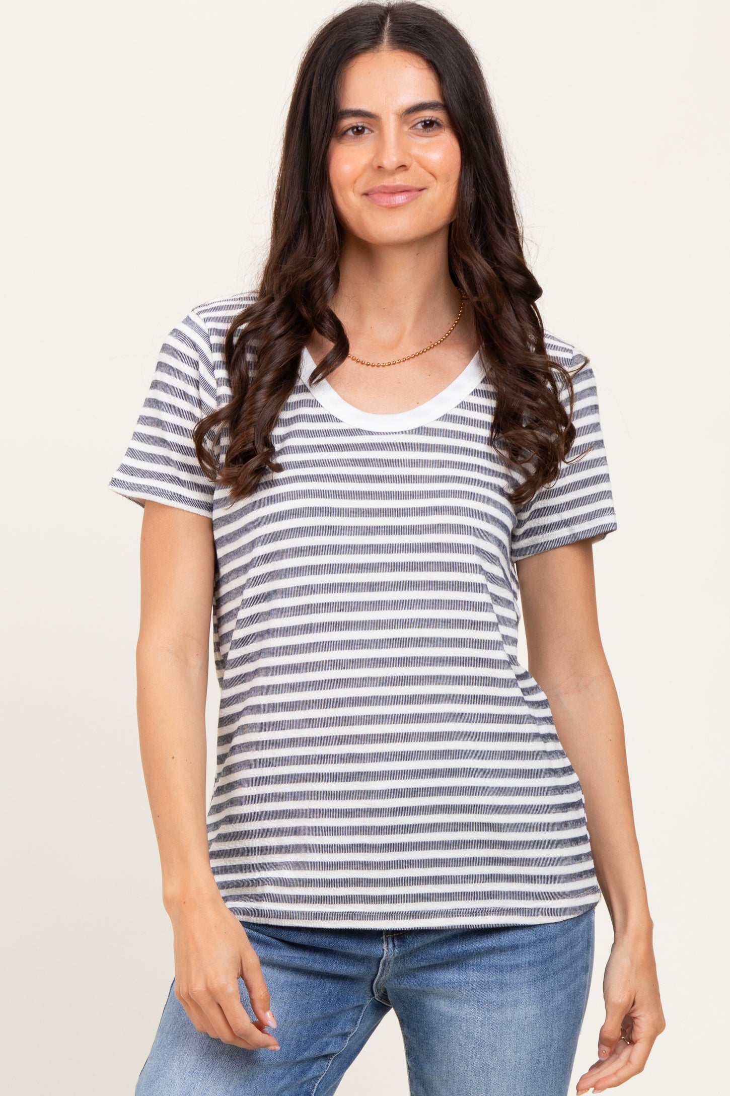 Navy Textured Stripe Short Sleeve Top