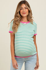 Mint Striped Knit Contrast Trim Maternity Top