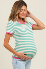 Mint Striped Knit Contrast Trim Maternity Top