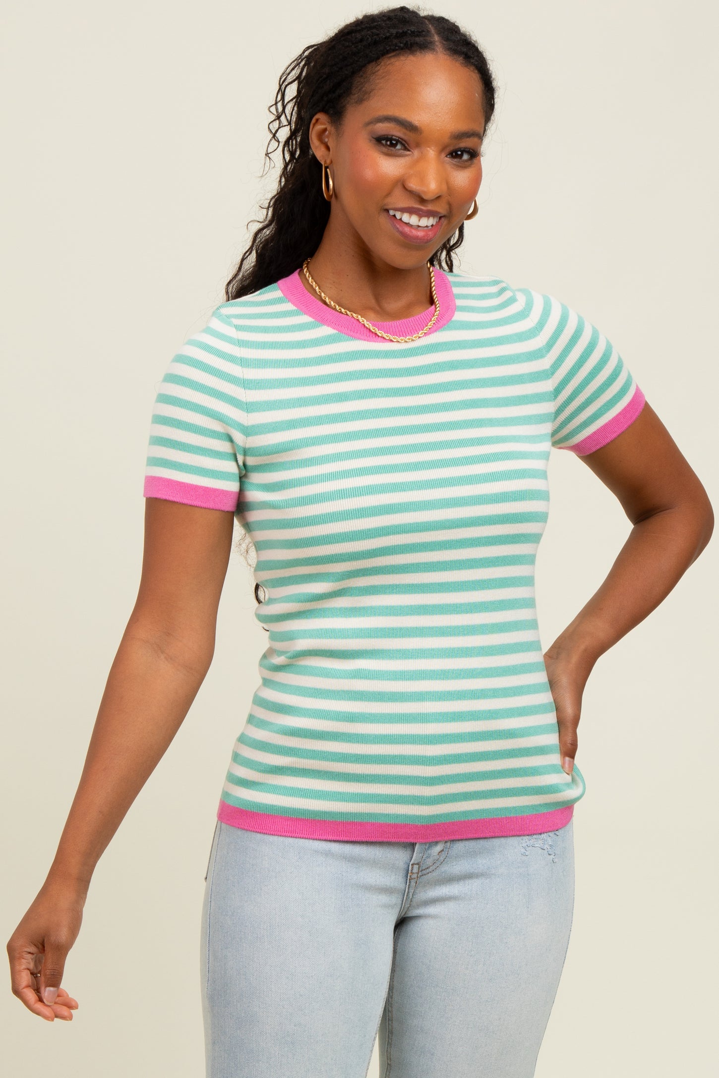 Mint Striped Knit Contrast Trim Maternity Top