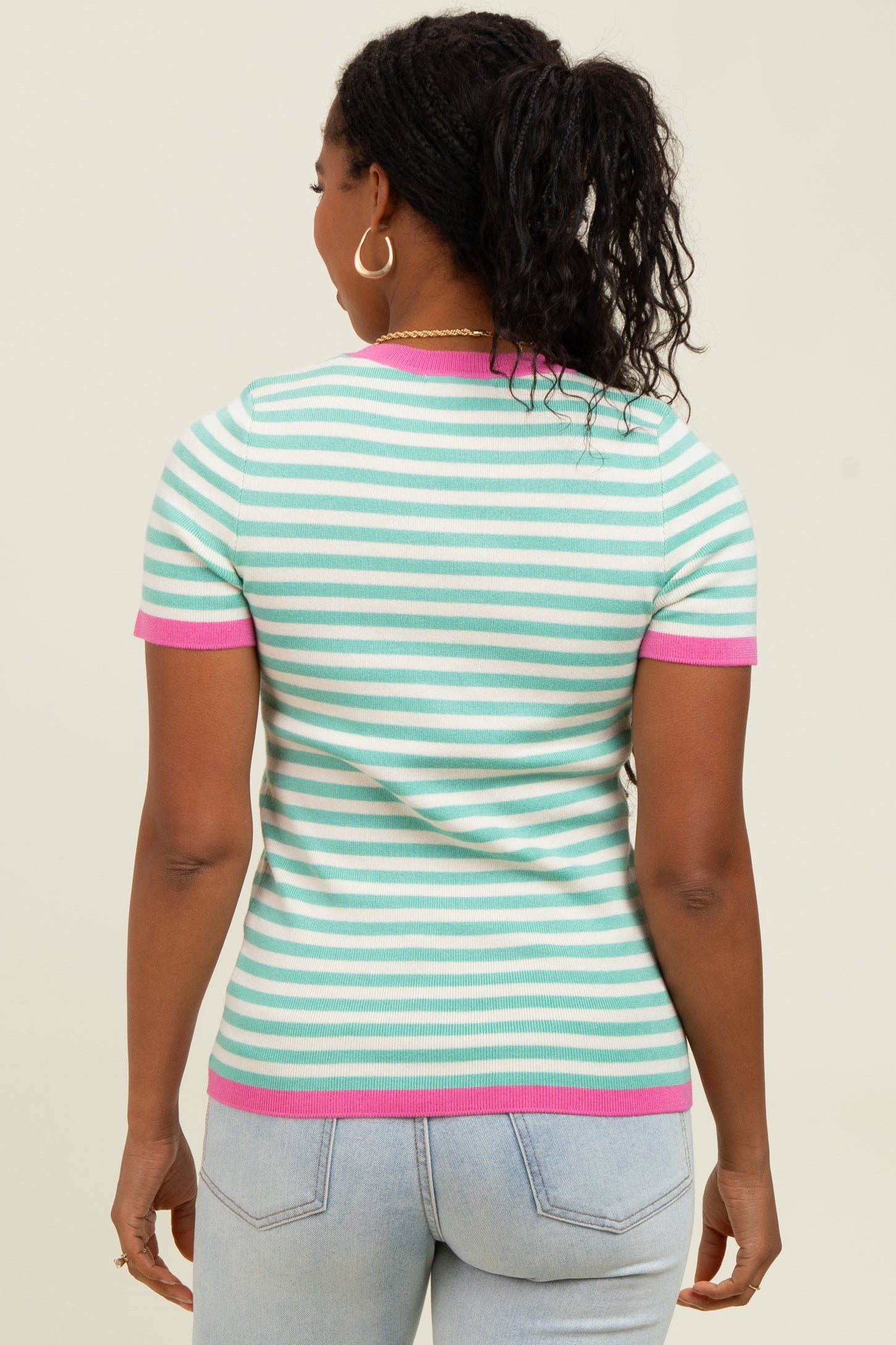 Mint Striped Knit Contrast Trim Top