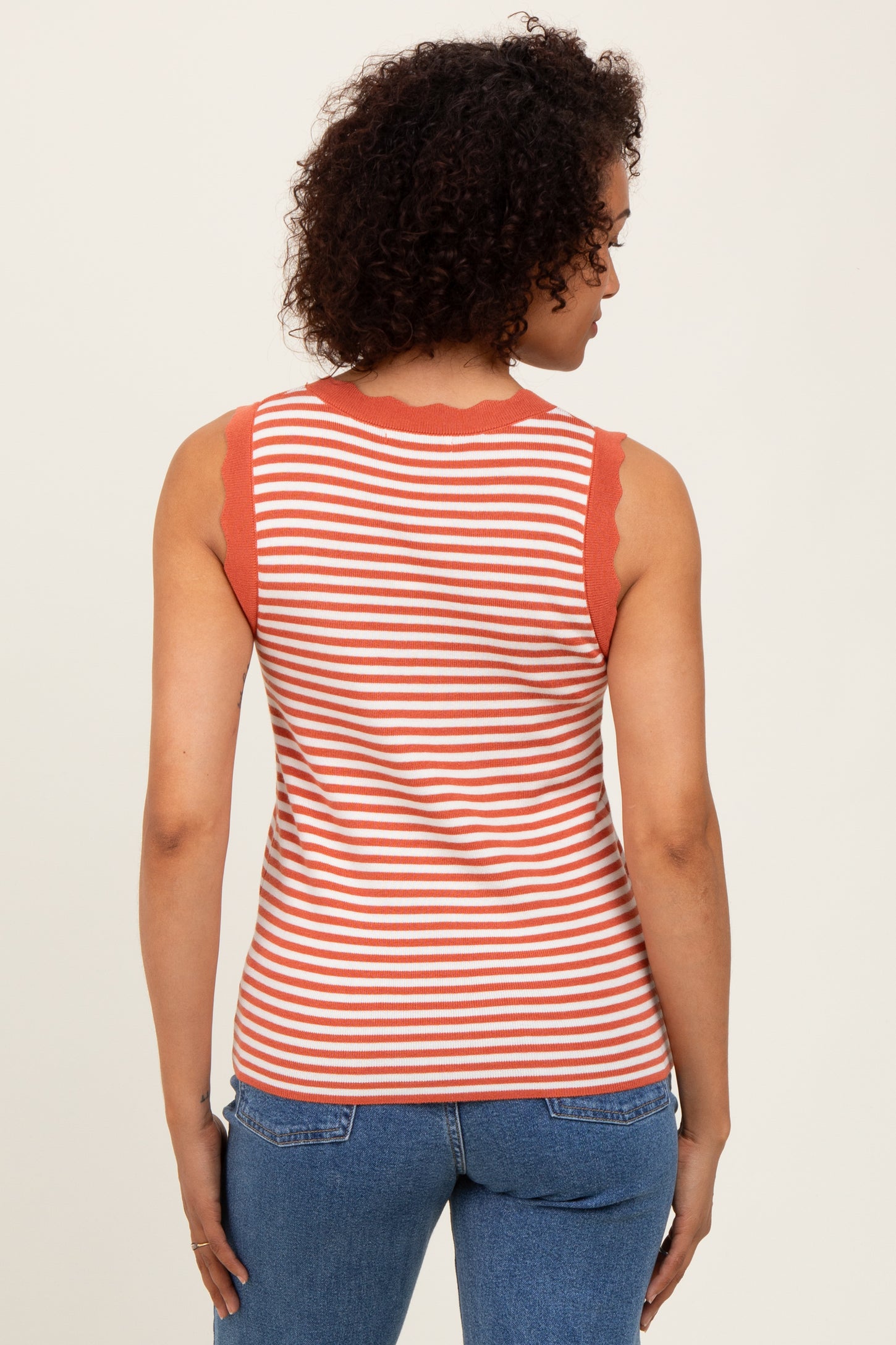 Rust Striped Knit Scallop Trim Sleeveless Top