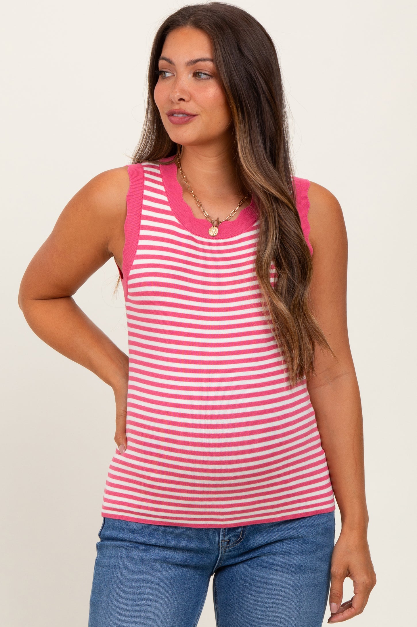 Pink Striped Knit Scallop Trim Sleeveless Maternity Top