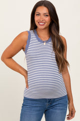 Periwinkle Striped Knit Scallop Trim Sleeveless Maternity Top