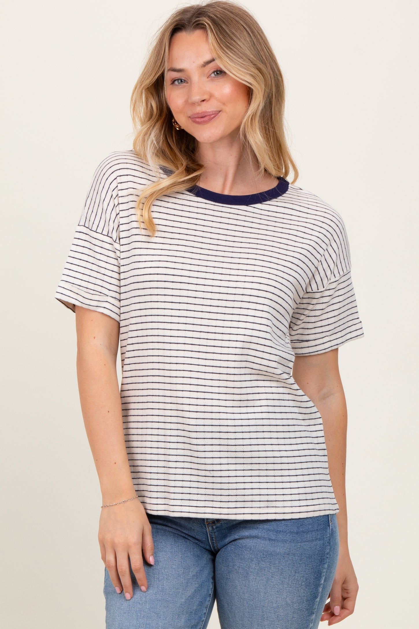 Navy Pointelle Knit Striped Maternity Top