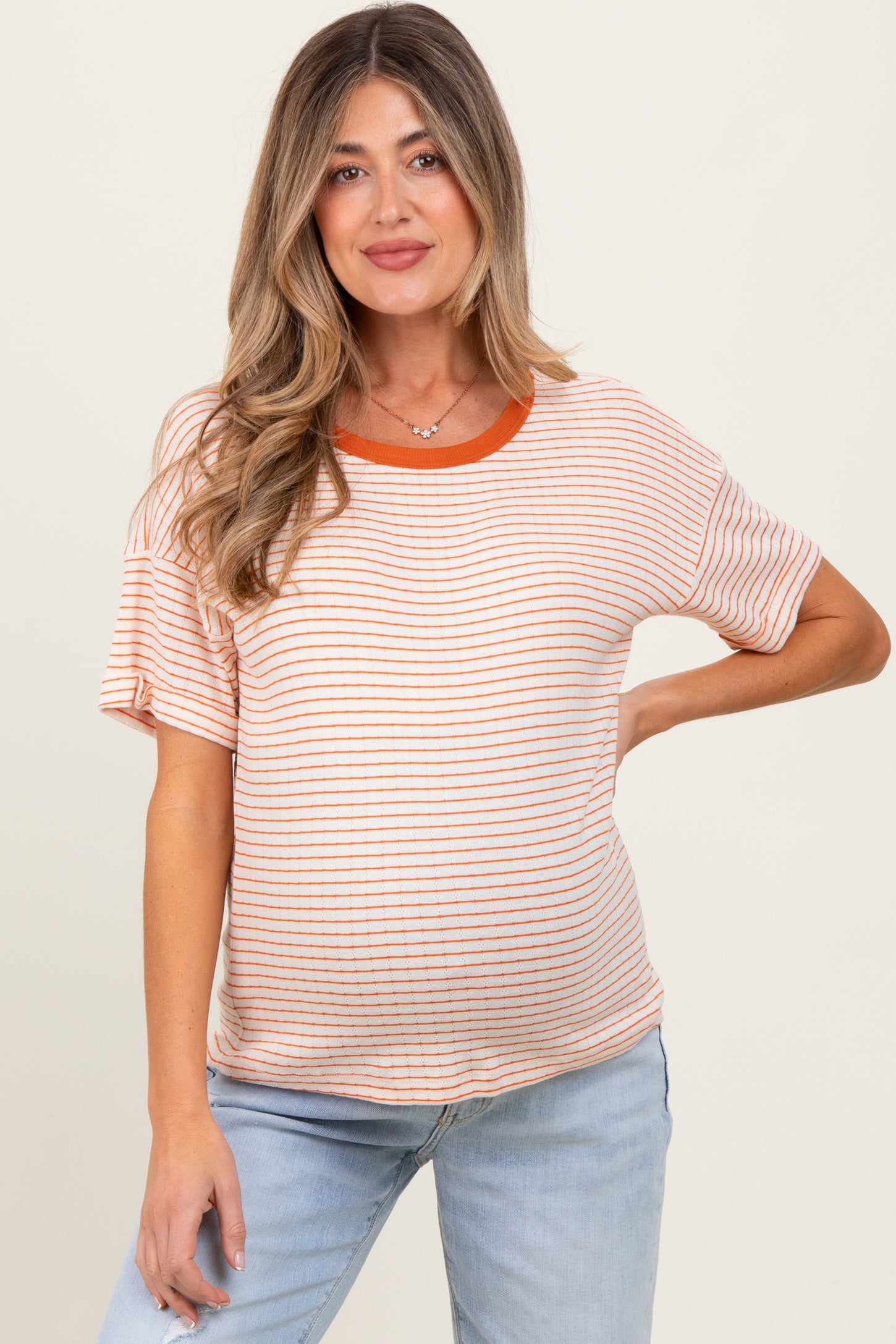 Orange Pointelle Knit Striped Maternity Top