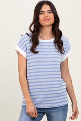 Blue Textured Striped Maternity Short Sleeve Top