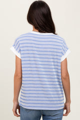 Blue Textured Striped Short Sleeve Top