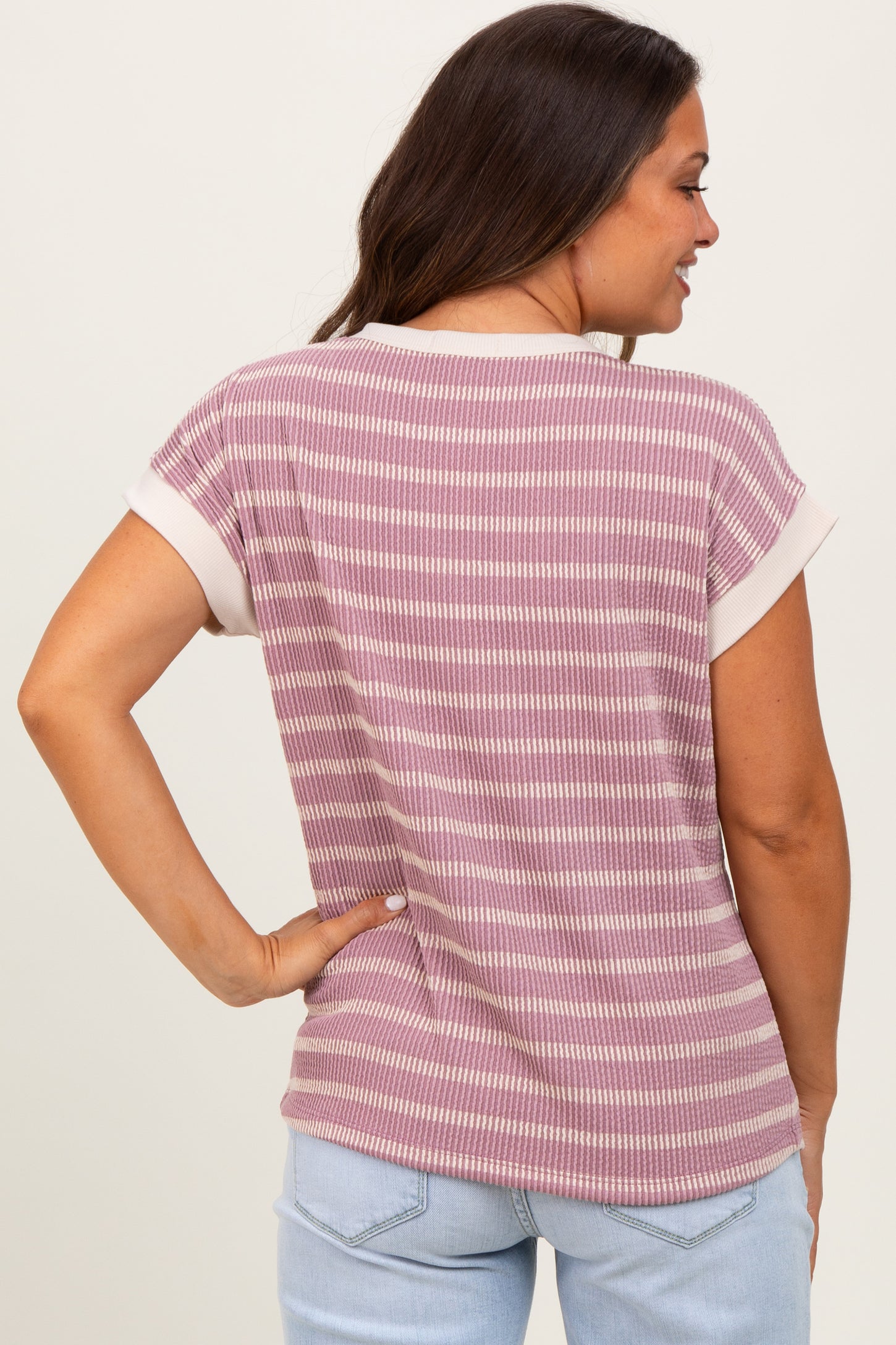 Mauve Textured Striped Maternity Short Sleeve Top